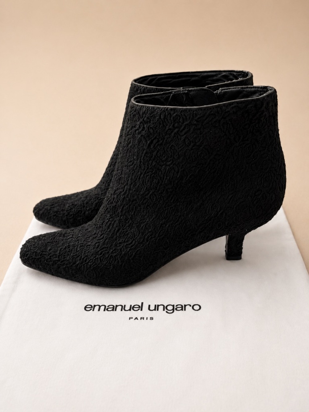Emanuel Ungaro Paris Vintage Black Textured Kitten Heel Ankle Boots